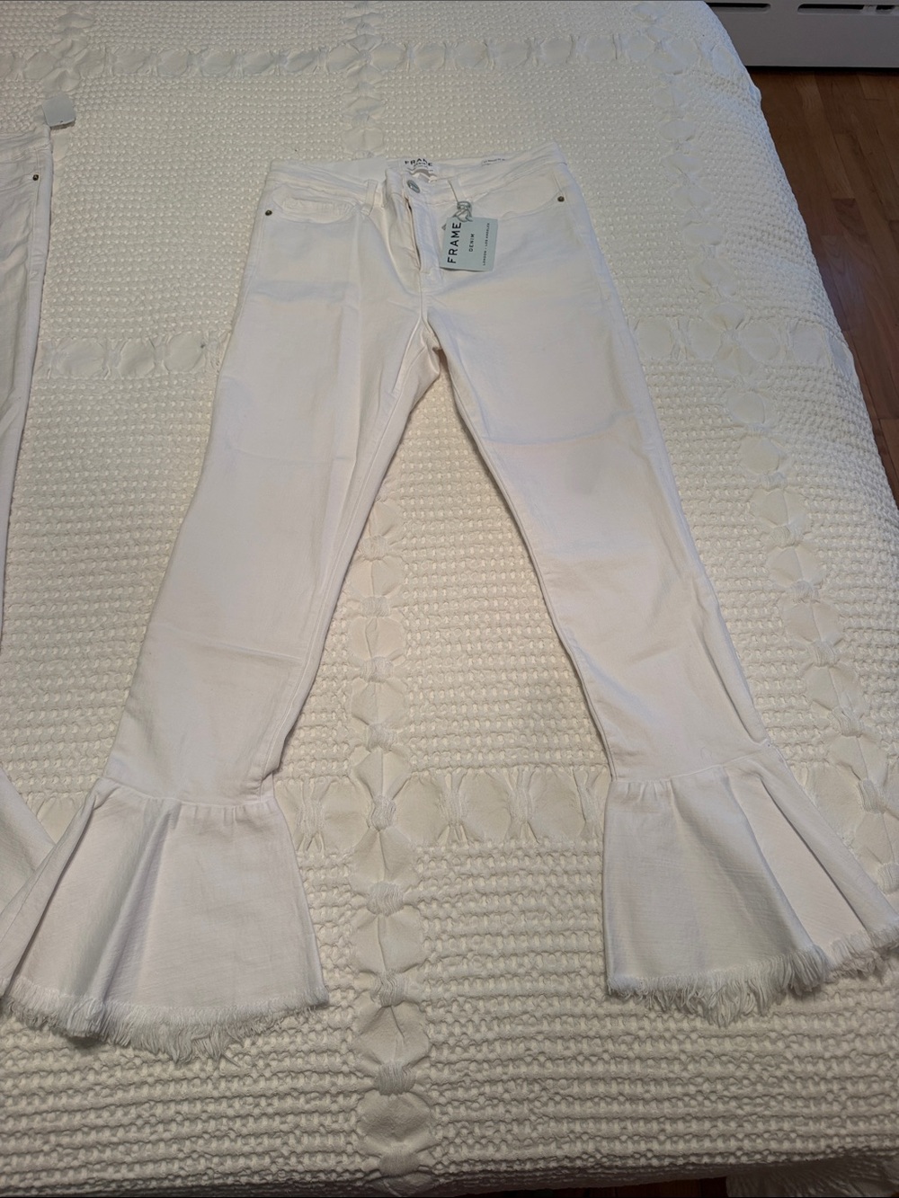 Frame Denim White Flare Jeans with Frayed Ruffle Hem